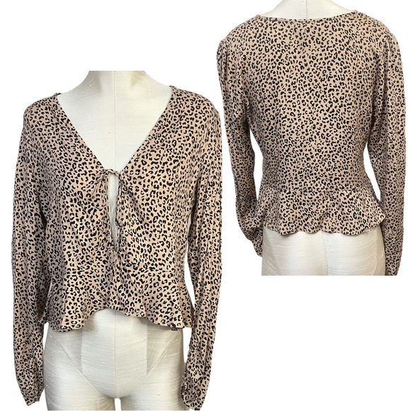 AFRM x Nordstrom Two-Tone Animal Print Long Sleeve Crop Front Tie Blouse - Picture 1 of 9